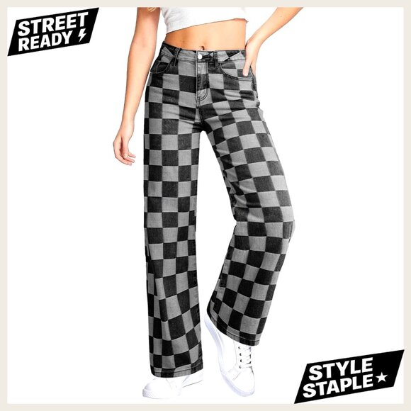 High Waisted Wide Leg Jeans Stretch Denim Straight Leg Checkered Pants